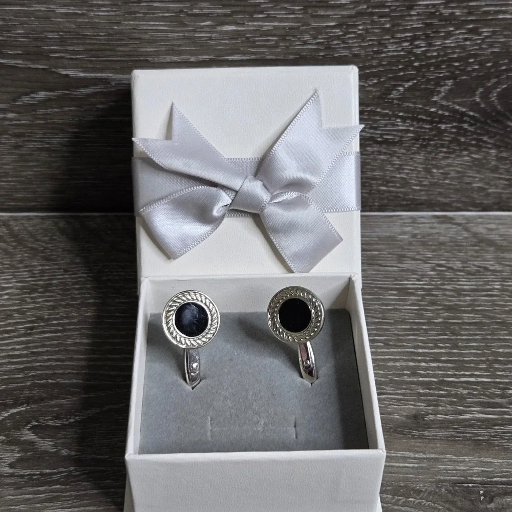 Vintage Men's Silver Tone Round Black Onyx Style Cufflinks Rope Border Bullet Ba